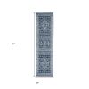 8' Navy Blue And Ivory Tribal Runner Rug