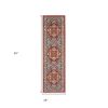 8' Red And Ivory Medallion Distressed Runner Rug