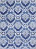 5' X 7' Blue And Ivory Damask Distressed Area Rug