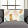 12" X 20" Beige Blue and Ivory Geometric Cotton Throw Pillow With Textured Appliques