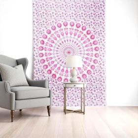 80" X 56" Pink And White Mandala Cotton Hanging Tapestry