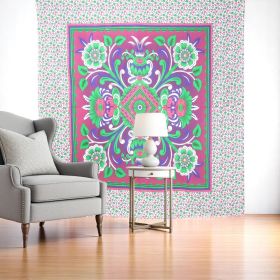 88" X 84" Pink Green And White Floral Cotton Hanging Tapestry
