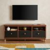61" Brown and Black Solid Wood Open Shelving TV Stand