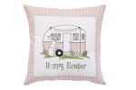 17" Pink And White Easter Bunny Plaid Throw Pillow with Embroidery