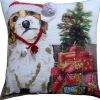 20" X 20" Red And White Dog Zippered Handmade Cotton Blend Christmas Throw Pillow With Pom Poms