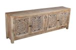 86" Natural Carved Floral Distressed Solid Wood Enclosed Storage TV Stand