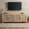 86" Natural Carved Floral Distressed Solid Wood Enclosed Storage TV Stand