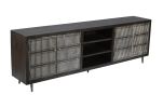 92" Dark Brown Carved Geometric Distressed Solid Wood Enclosed and Open Storage TV Stand