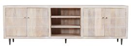 92" Ivory Carved Geometric Distressed Solid Wood Enclosed and Open Storage TV Stand
