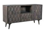 55" Dark Gray Carved Geometric Distressed Solid Wood Enclosed and Open Storage TV Stand