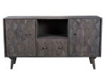 55" Dark Gray Carved Geometric Distressed Solid Wood Enclosed and Open Storage TV Stand