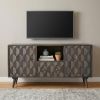 55" Dark Gray Carved Geometric Distressed Solid Wood Enclosed and Open Storage TV Stand