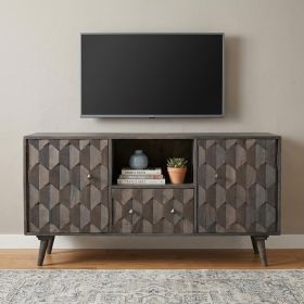 55" Dark Gray Carved Geometric Distressed Solid Wood Enclosed and Open Storage TV Stand