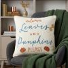 20" Ivory Blue And Orange Autumn Leaves and Pumpkin Please Throw Pillow With Applique And Embroidery