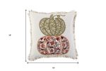 18" Ivory Green And Red Cotton Pumpkins Throw Pillow with Embroidery