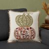 18" Ivory Green And Red Cotton Pumpkins Throw Pillow with Embroidery