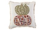 18" Ivory Green And Red Cotton Pumpkins Throw Pillow with Embroidery
