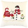 20" Ivory And Red Cotton Christmas Snowman Throw Pillow with Applique Embroidery And Pom Poms