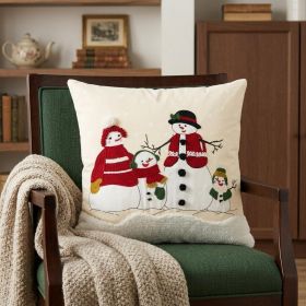 20" Ivory And Red Cotton Christmas Snowman Throw Pillow with Applique Embroidery And Pom Poms