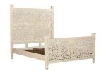 White Carved Floral Distressed Solid Wood Queen Bed Frame
