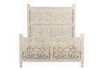 White Carved Floral Distressed Solid Wood Queen Bed Frame