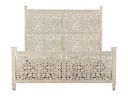White Carved Floral Distressed Solid Wood King Bed Frame
