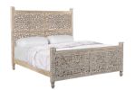 Gray Carved Floral Solid Wood King Bed Frame