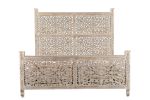 Gray Carved Floral Solid Wood King Bed Frame