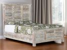 White Carved Geometric Distressed Reclaimed Wood Queen Bed Frame