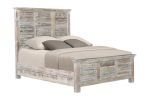 White Carved Geometric Distressed Reclaimed Wood Queen Bed Frame