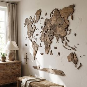 47" X 79" Dark Brown World Map Hanging Dimensional Sculpture