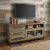 61" Brown Solid Wood Cabinet Enclosed Storage Distressed TV Stand