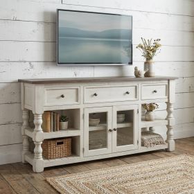 70" Ivory Solid Wood Open shelving Distressed TV Stand