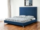 Navy Blue Solid Wood King Upholstered Velvet Bed with Nailhead Trim