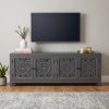 86" Dark Gray Carved Floral Distressed Solid Wood Enclosed Storage TV Stand