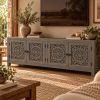 86" Dark Gray Carved Floral Distressed Solid Wood Enclosed Storage TV Stand