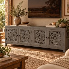86" Dark Gray Carved Floral Distressed Solid Wood Enclosed Storage TV Stand