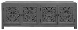 86" Dark Gray Carved Floral Distressed Solid Wood Enclosed Storage TV Stand
