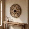 24" X 24" Natural And Black Round Floral Seagrass Hanging Dimensional Sculpture
