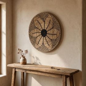 24" X 24" Natural And Black Round Floral Seagrass Hanging Dimensional Sculpture