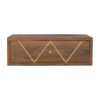 18" Brown Solid Wood Geometric Brass Inlay One Drawer Floating Nightstand