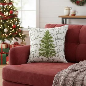 18" White And Green Cotton Merry Christmas Throw Pillow With Embroidery