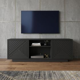 63" Black Carved Texture Wood Enclosed and Open Storage TV Stand