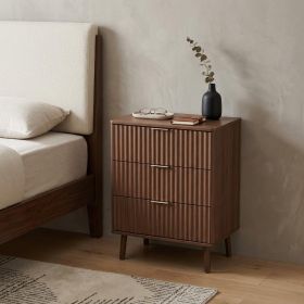 30" Brown Wood Ribbed Texture Three Drawer Nightstand With USB