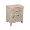 27" White Solid Wood Square Distressed Carved Floral Two Drawer Nightstand
