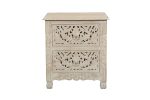 27" White Solid Wood Square Distressed Carved Floral Two Drawer Nightstand