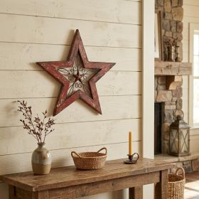 20" X 20" Red And Brown Wood And Iron Star Hanging Dimensional Sculpture