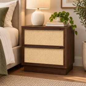 22" Walnut Wood Woven Texture Two Drawer Nightstand