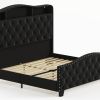 Black Tufted Velvet Upholstered Queen Bed Frame With Lights USB And Shelves