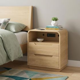 24" Natural Wood Two Drawer Nightstand with USB Port and Integrated Tech